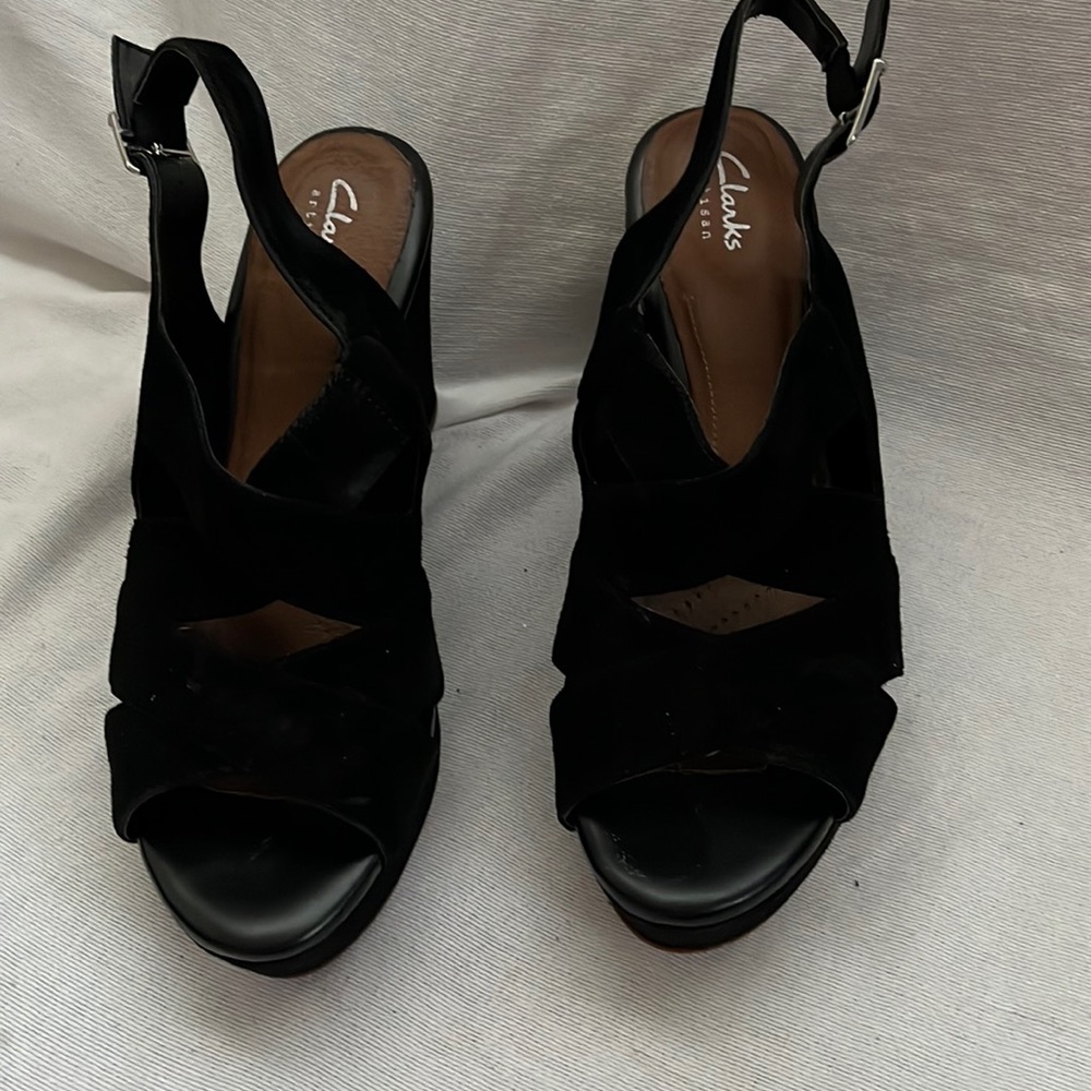 Clarks black suede platform sandals